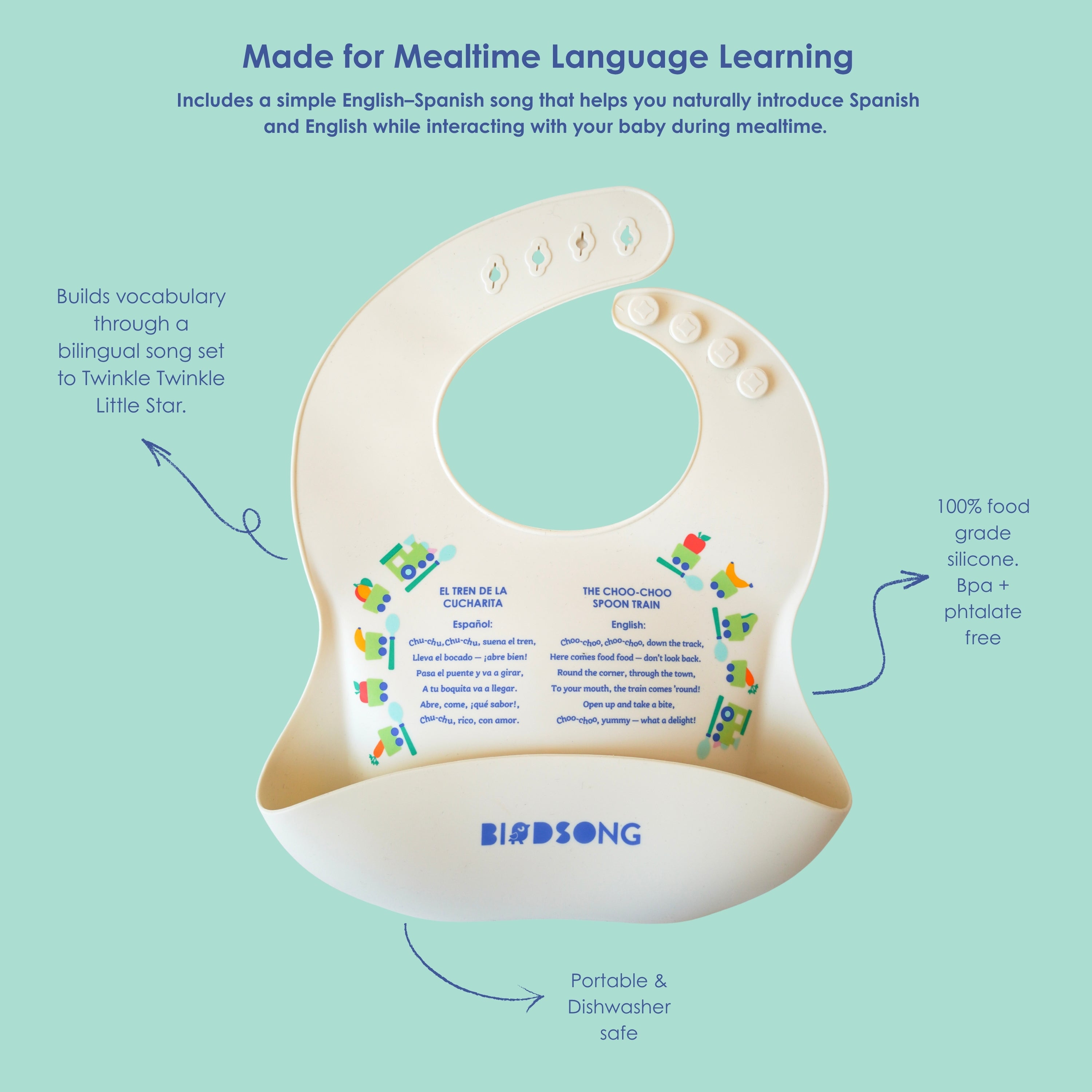 El Tren de la Cucharita (Choo-Choo Spoon Train) Bilingual Silicone Bib