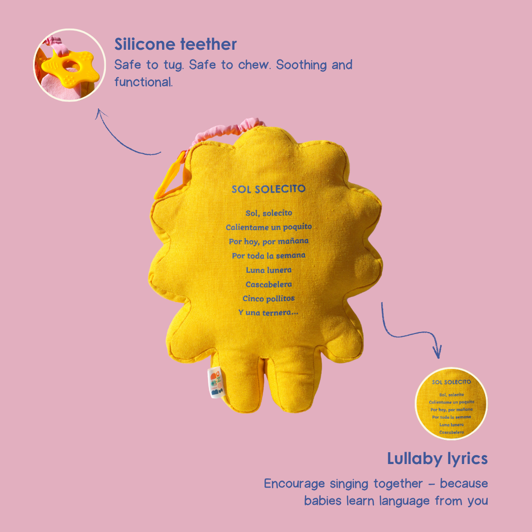 Yellow sun-shaped plush toy with text on it's educational features on a pink background