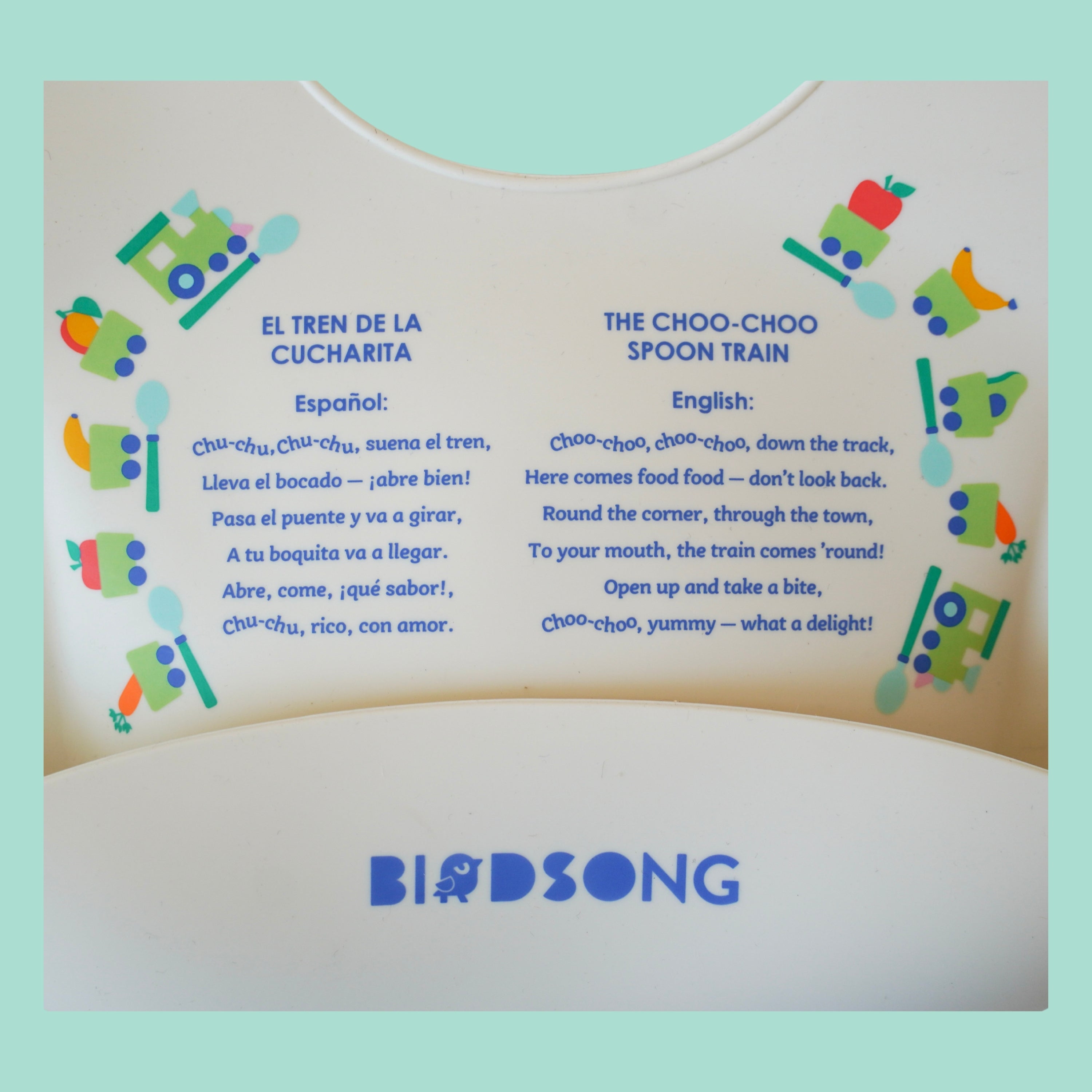 El Tren de la Cucharita (Choo-Choo Spoon Train) Bilingual Silicone Bib