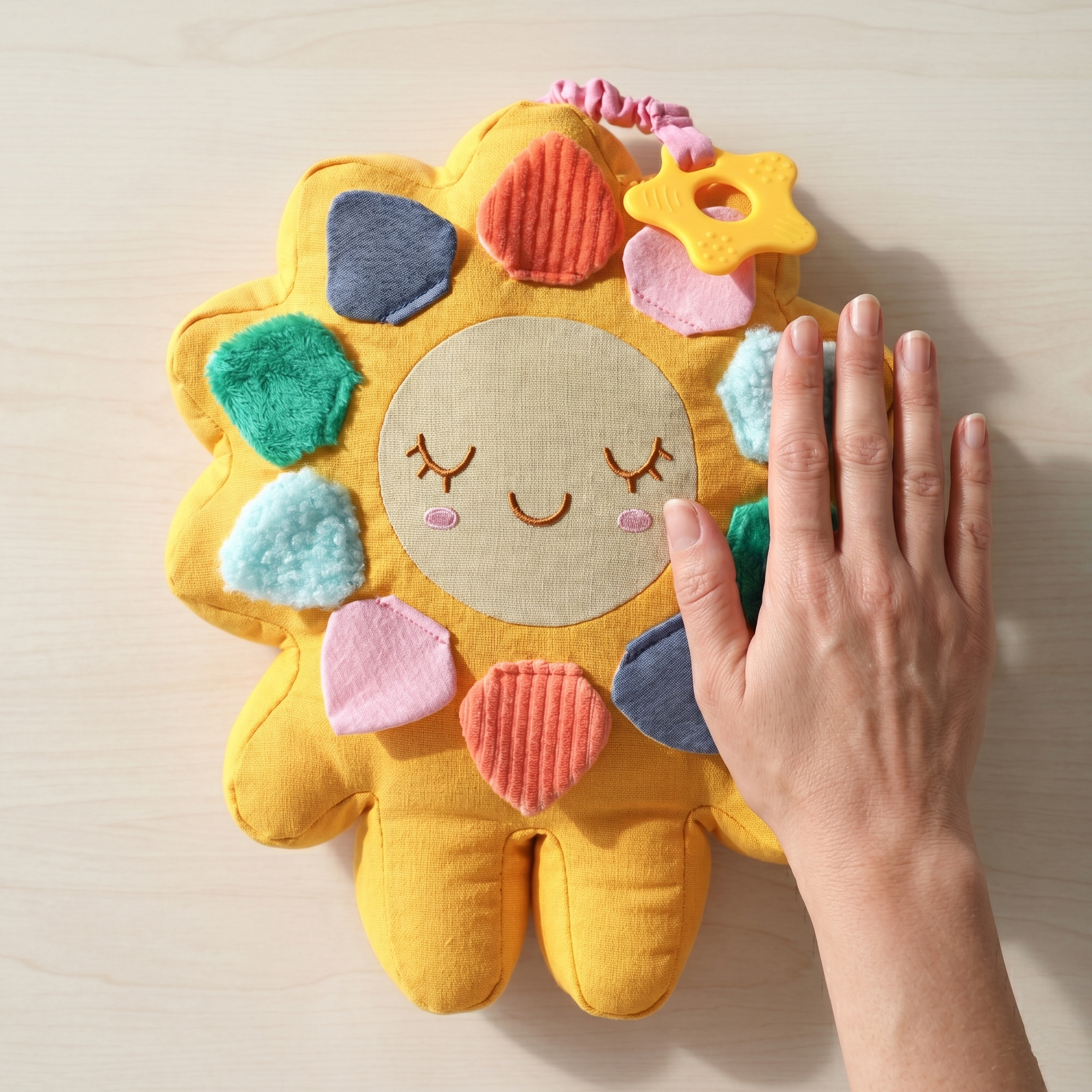 Colorful bilingual sun-shaped plush toy with a hand touching it on a light background