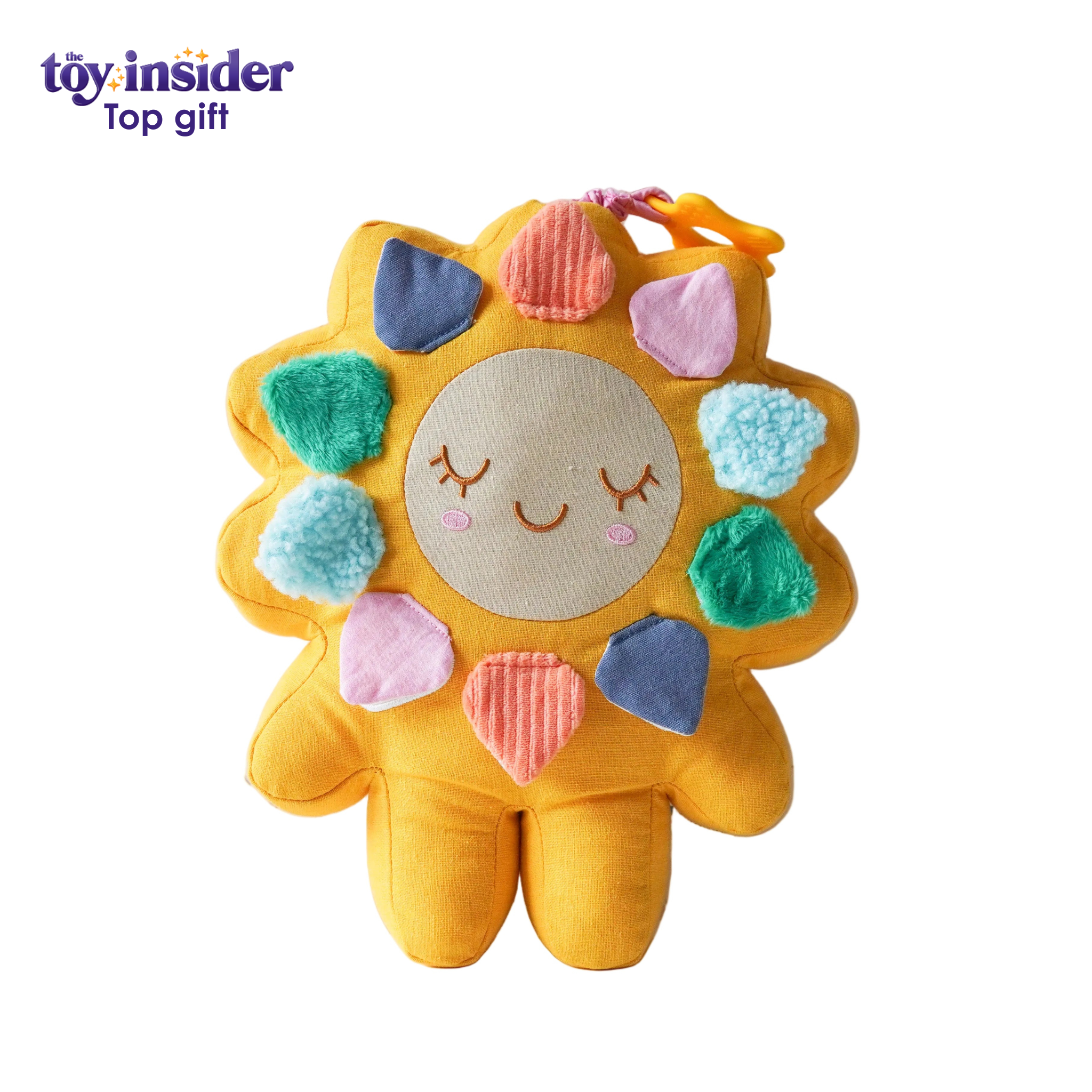 Colorful sun-shaped plush toy with a smiling face on a white background, and  'toy insider' top toy brand
